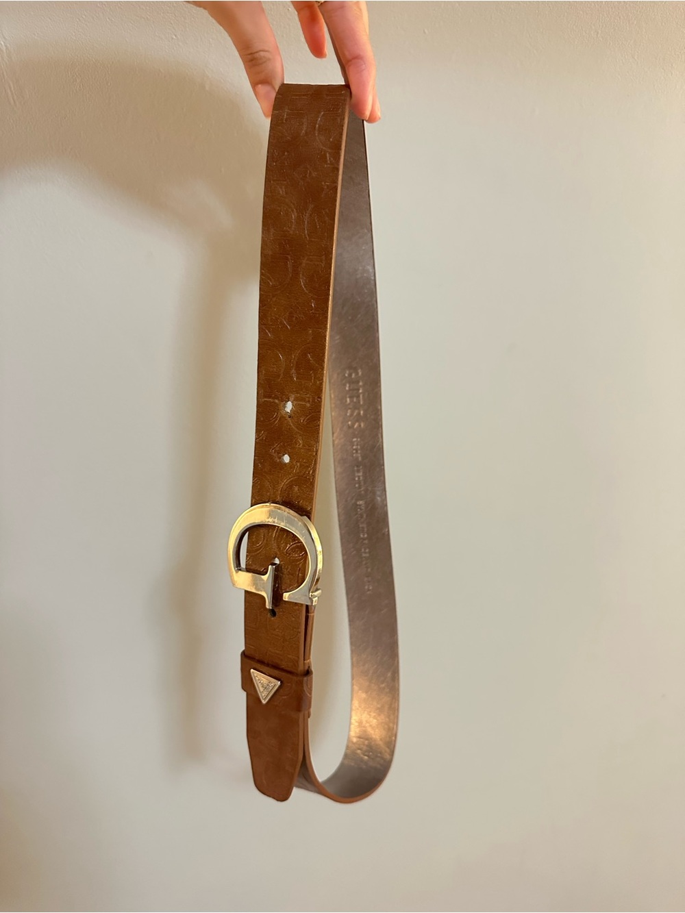 Guess Brown Leather Logo Triangle Belt with Gold Buckle